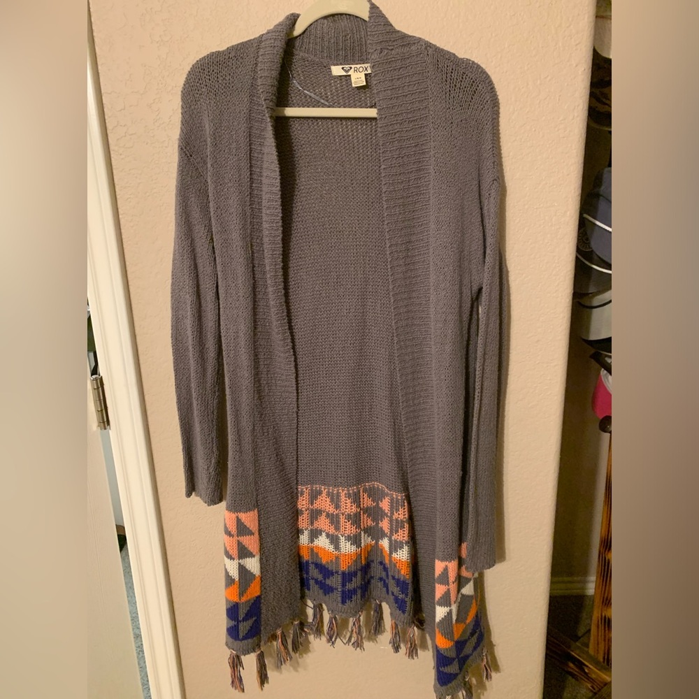 Roxy Gray Open Front Cardigan with Multicolor Geometric Trim
